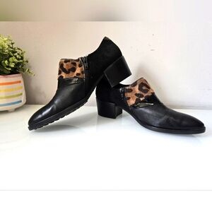 HISPANITAS Leather/Patent Leather/ Fur Black/Leopard Print Block Heel Shoes.40